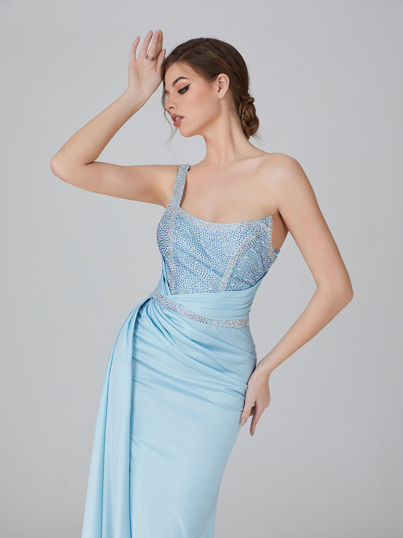 Wholesale Hot Fix Rhinestone Satin Prom Gown with Slit 32735