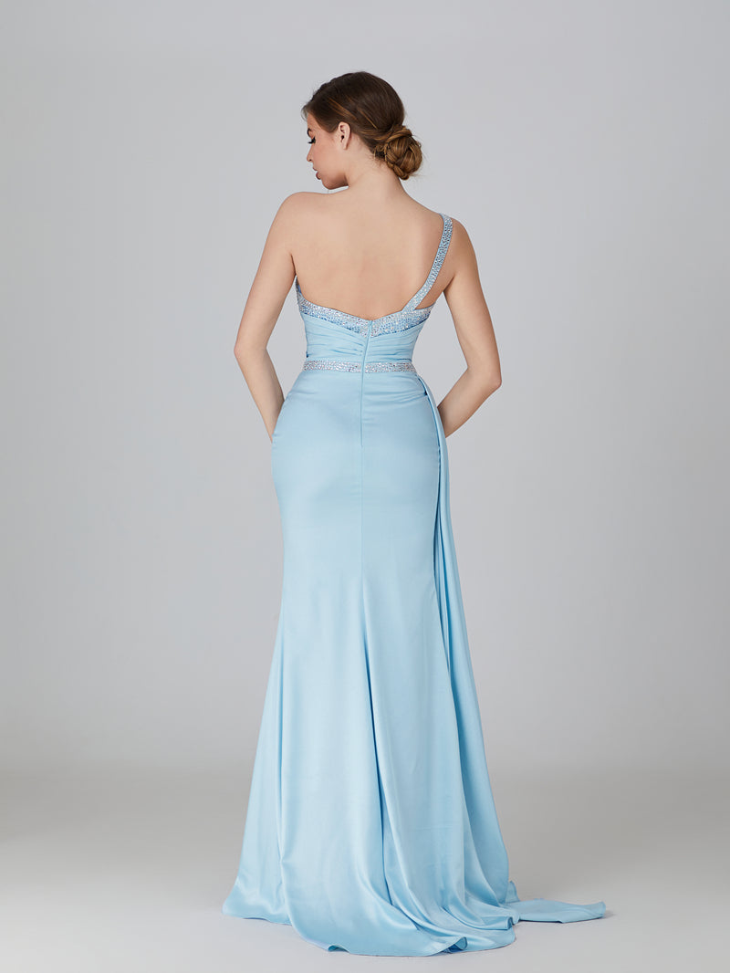 Wholesale Hot Fix Rhinestone Satin Prom Gown with Slit 32735