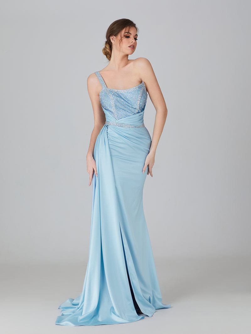 Wholesale Hot Fix Rhinestone Satin Prom Gown with Slit 32735