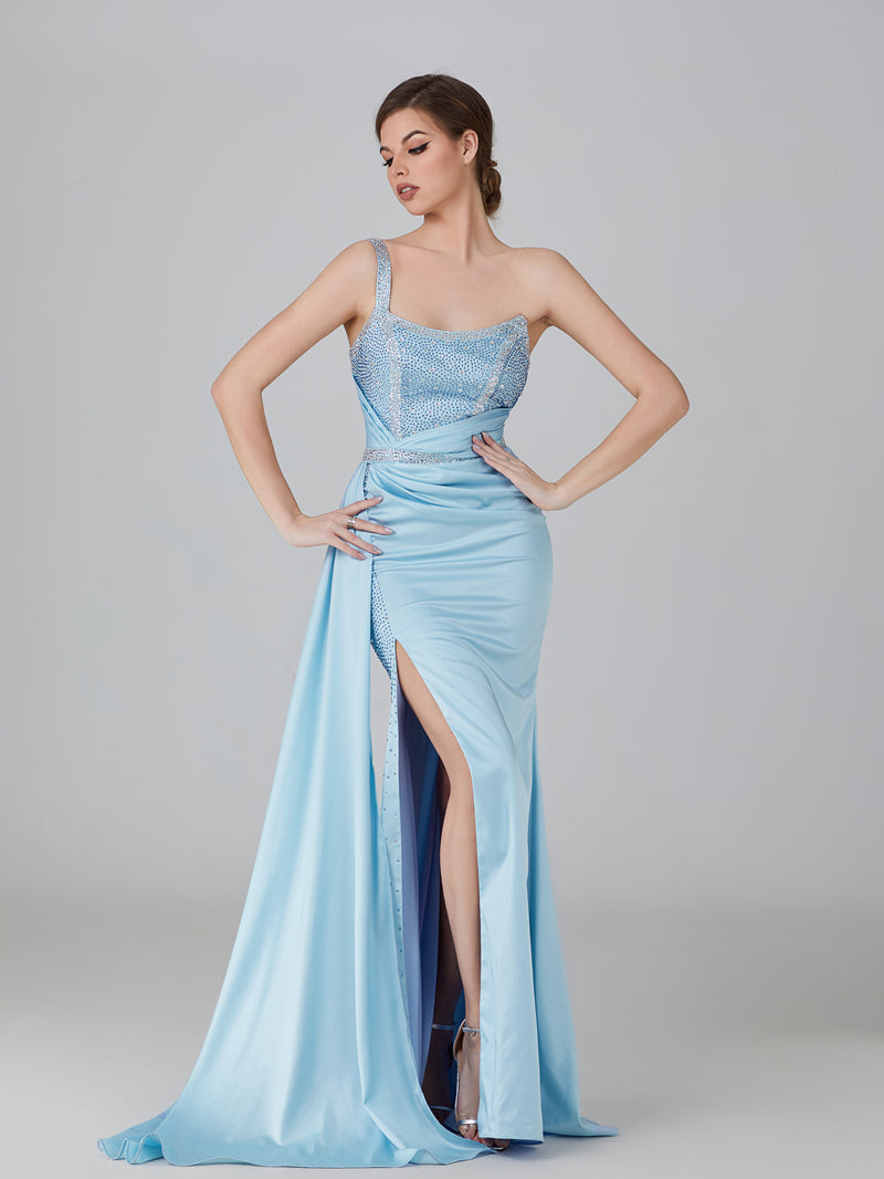 Wholesale Hot Fix Rhinestone Satin Prom Gown with Slit 32735