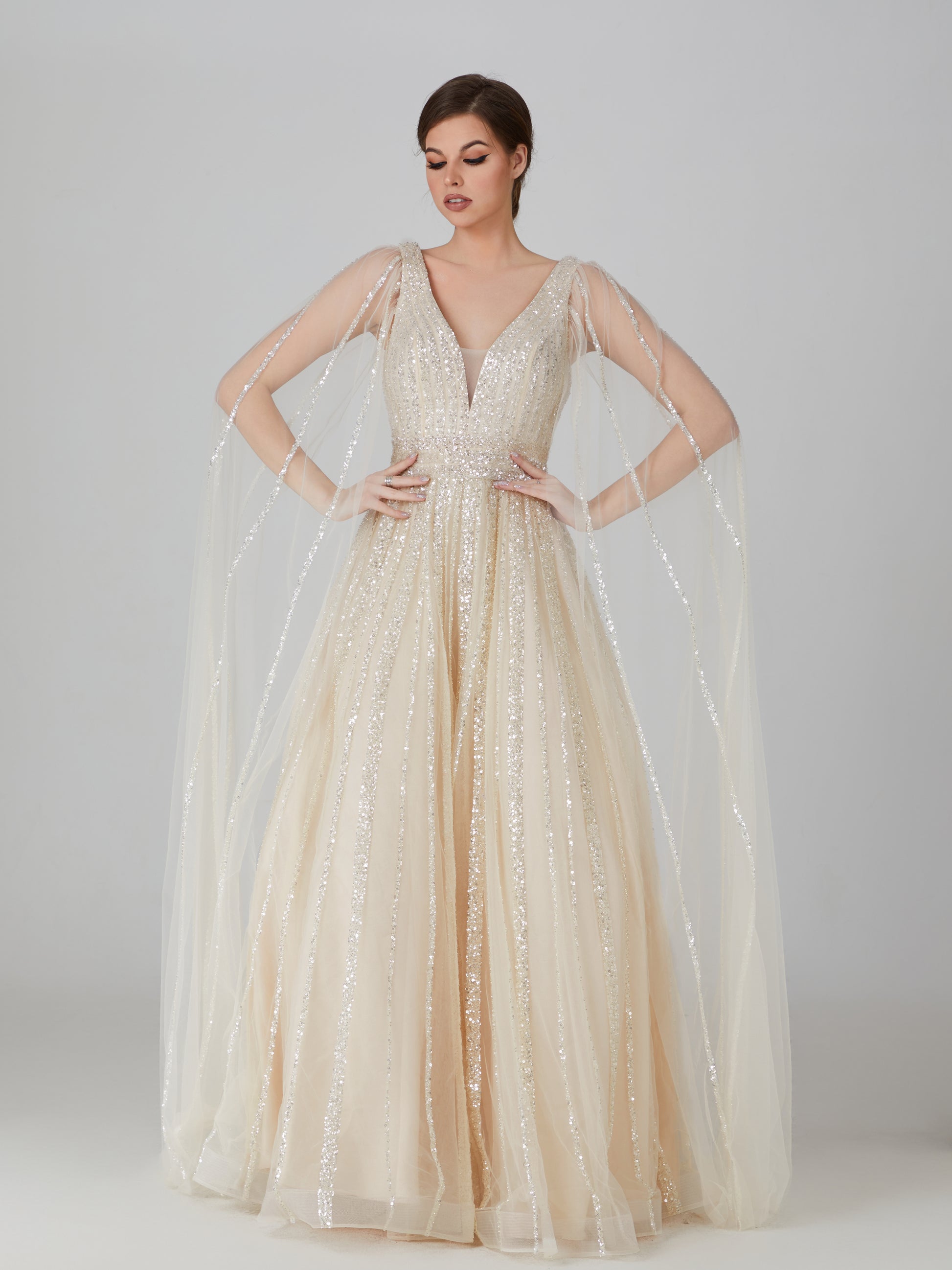 Wholesale Sequin Tulle Cape - Sleeve Evening Gown ks017