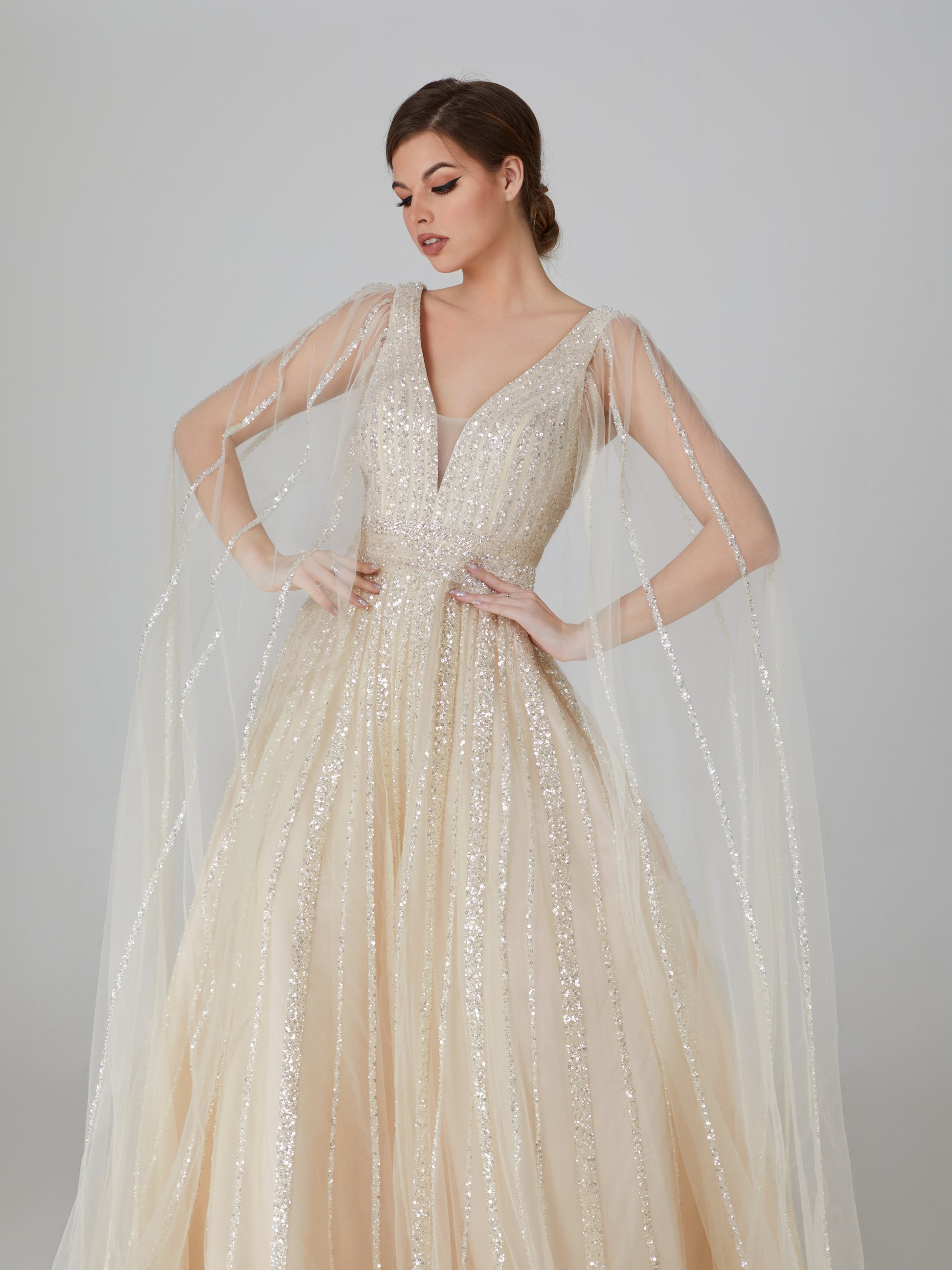 Wholesale Sequin Tulle Cape - Sleeve Evening Gown ks017
