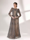 Under subtle lighting, a woman exudes elegance in a long - sleeved evening gown. The gown features a bateau neckline, intricate beadwork and lace patterns, creating a sheer - effect that's both sophisticated and alluring. Ideal for high - end formal occasions, it seamlessly combines luxury and grace.1