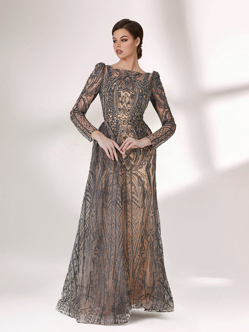 Sheer embroidered mermaid mother gown with long sleeves, fitted waist, flared skirt, front view.
