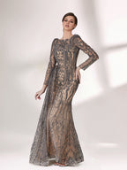 Under subtle lighting, a woman exudes elegance in a long - sleeved evening gown. The gown features a bateau neckline, intricate beadwork and lace patterns, creating a sheer - effect that's both sophisticated and alluring. Ideal for high - end formal occasions, it seamlessly combines luxury and grace.6