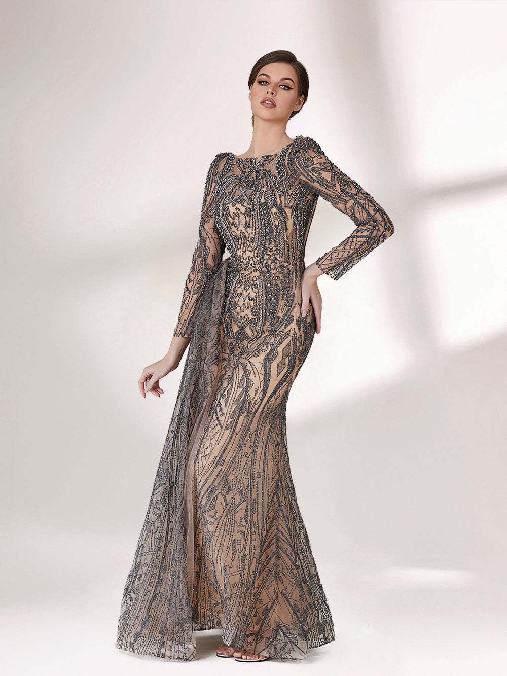 Under subtle lighting, a woman exudes elegance in a long - sleeved evening gown. The gown features a bateau neckline, intricate beadwork and lace patterns, creating a sheer - effect that's both sophisticated and alluring. Ideal for high - end formal occasions, it seamlessly combines luxury and grace.6
