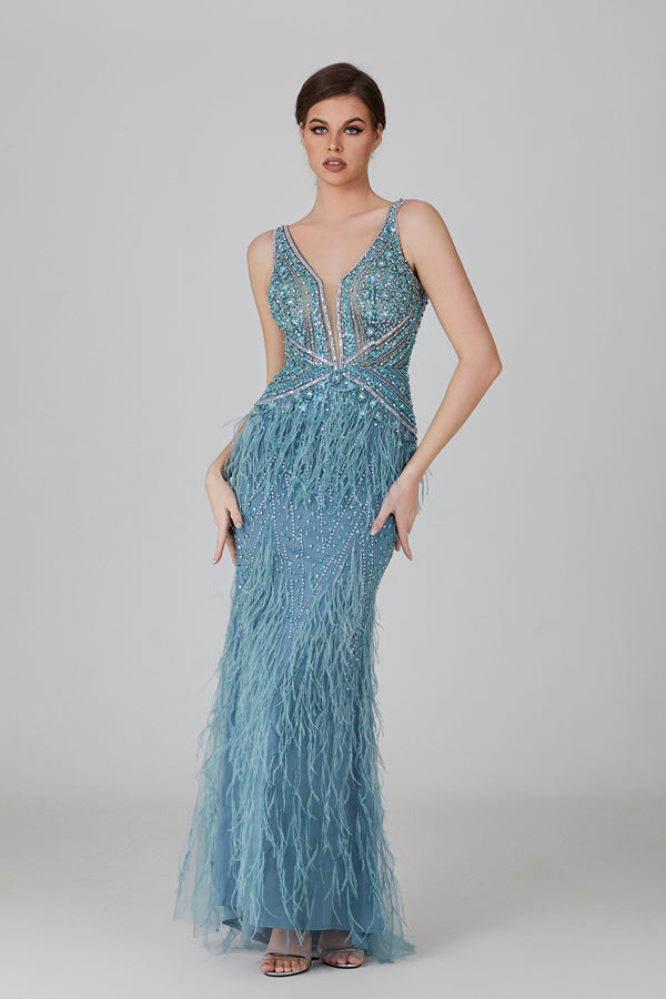 Wholesale Feather - Beaded V - Neck Evening Gown yl2206