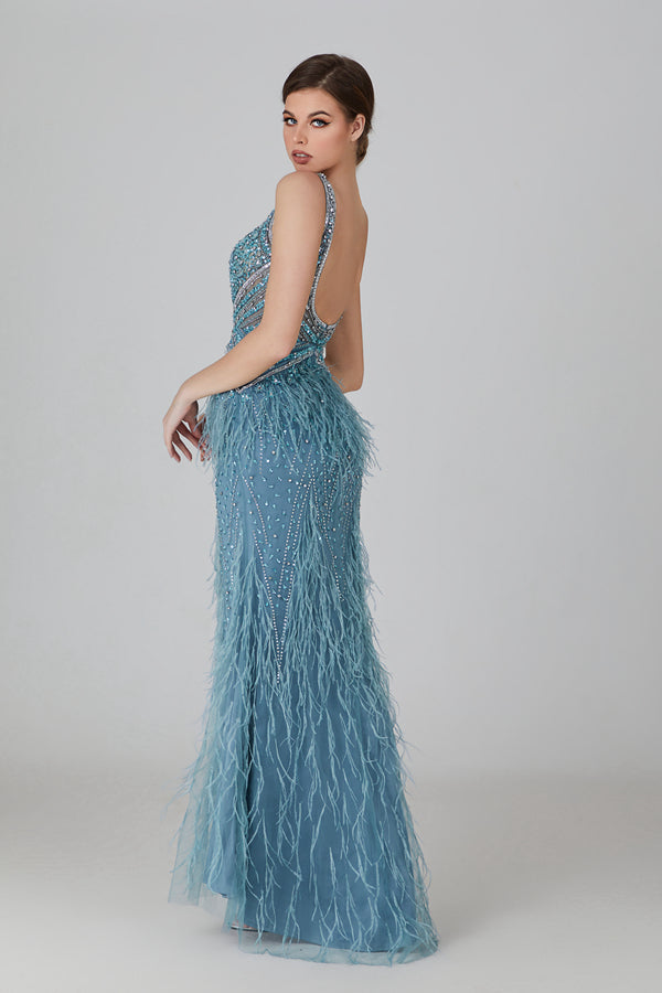 Wholesale Feather - Beaded V - Neck Evening Gown yl2206