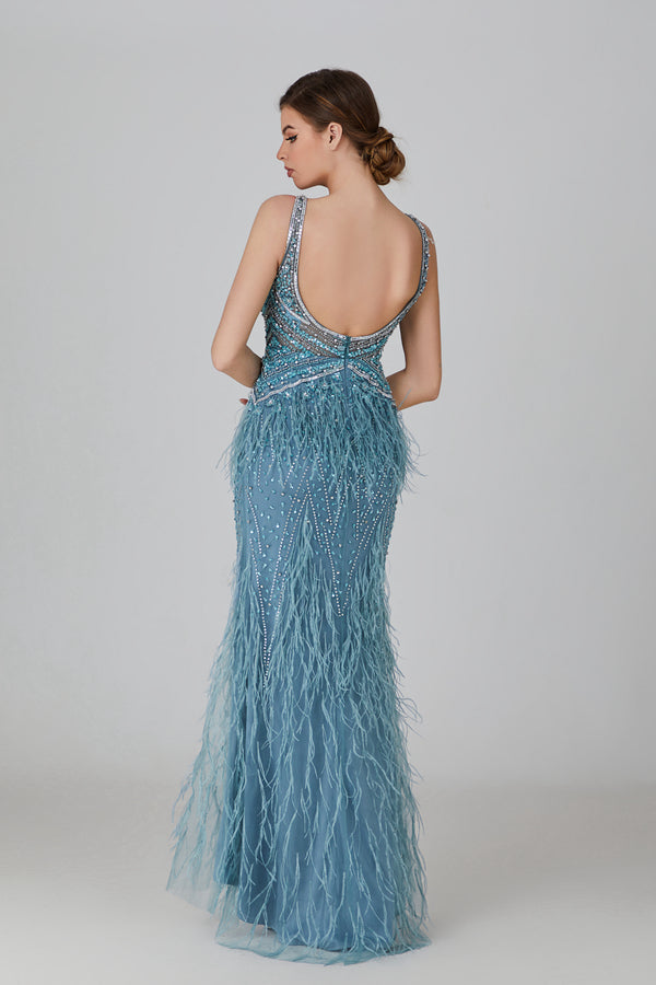 Wholesale Feather - Beaded V - Neck Evening Gown yl2206