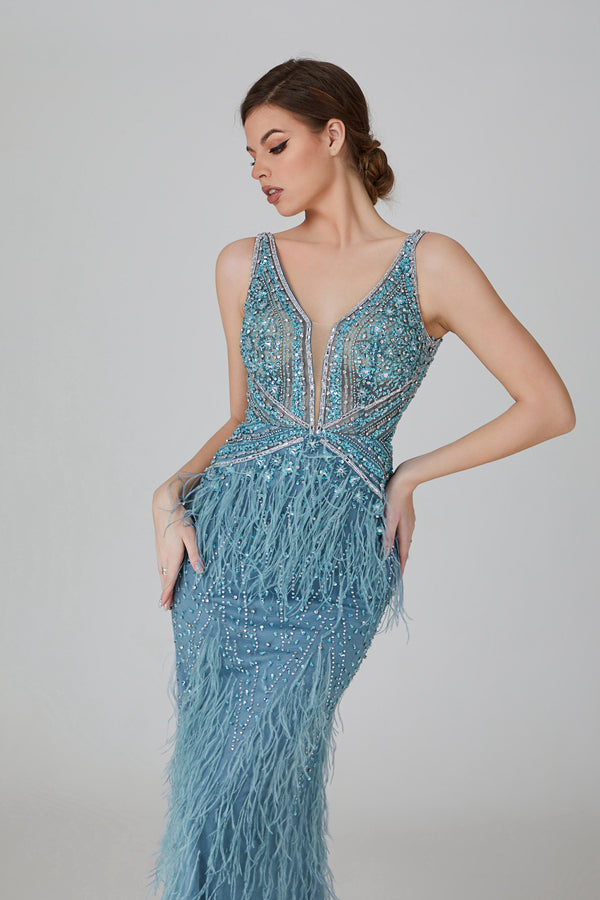 Wholesale Feather - Beaded V - Neck Evening Gown yl2206