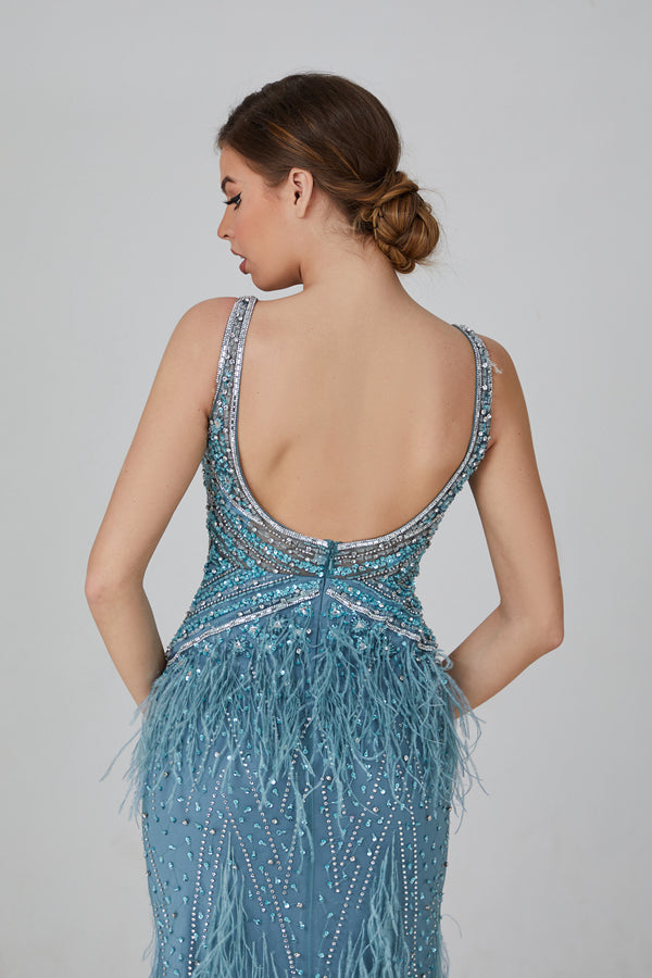 Wholesale Feather - Beaded V - Neck Evening Gown yl2206