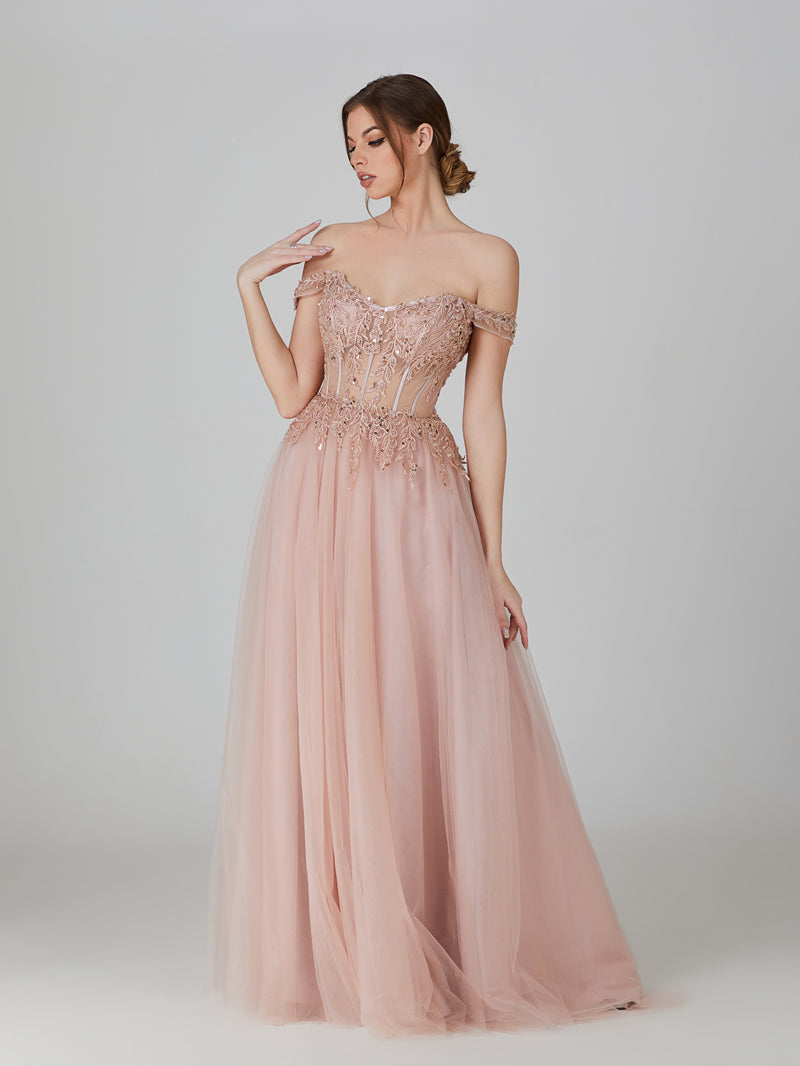 Wholesale Applique Off - Shoulder Tulle Prom Gown 32737