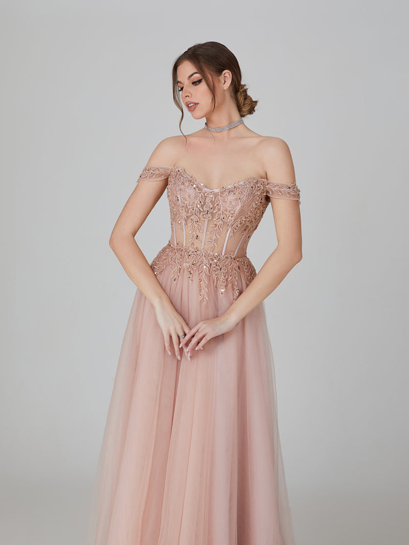 Wholesale Applique Off - Shoulder Tulle Prom Gown 32737