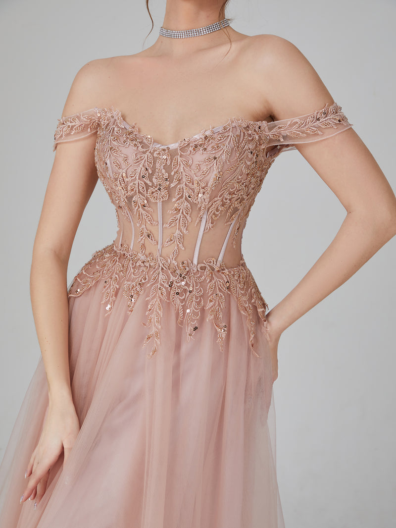 Wholesale Applique Off - Shoulder Tulle Prom Gown 32737