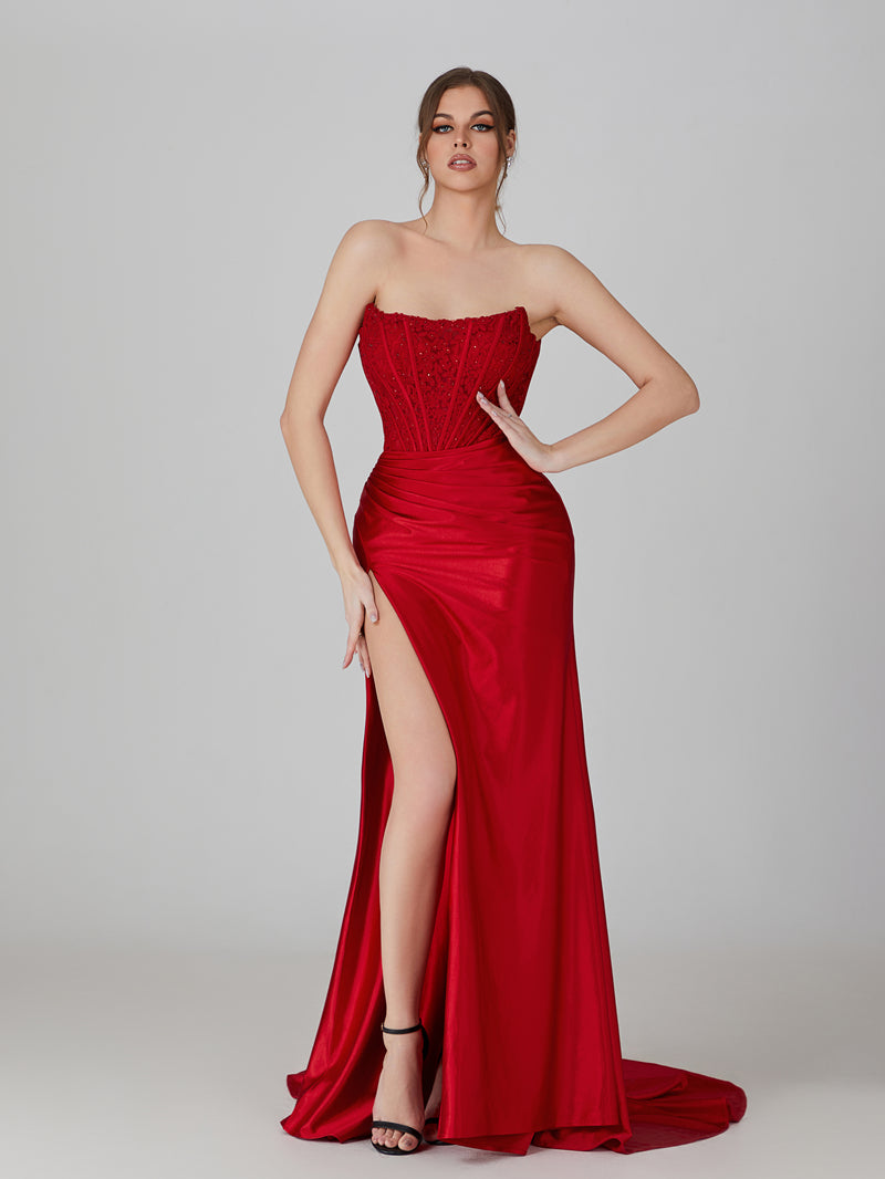 Wholesale Embroidered Corset Satin Prom Gown with High Slit 32758