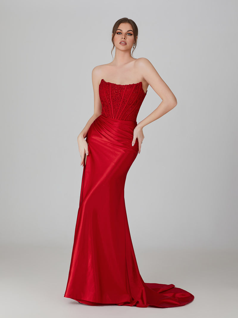 Wholesale Embroidered Corset Satin Prom Gown with High Slit 32758