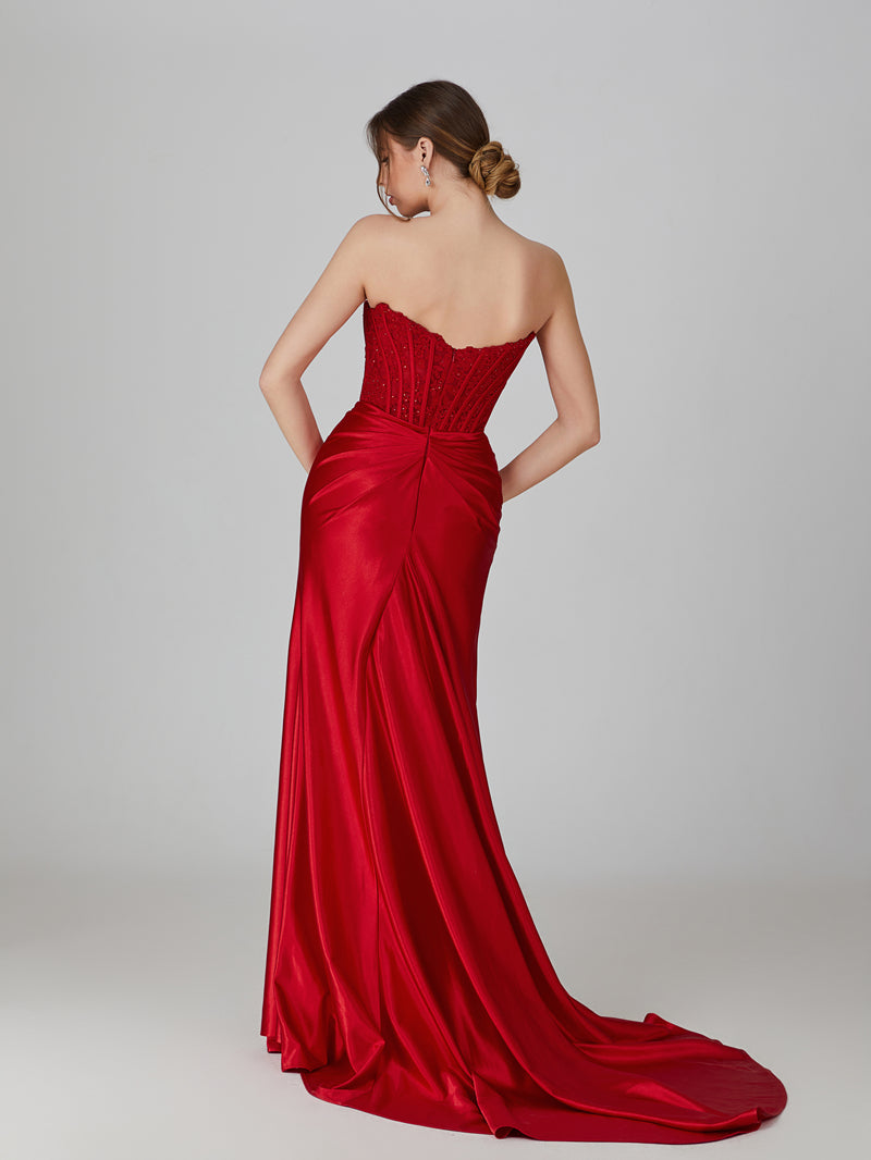 Wholesale Embroidered Corset Satin Prom Gown with High Slit 32758