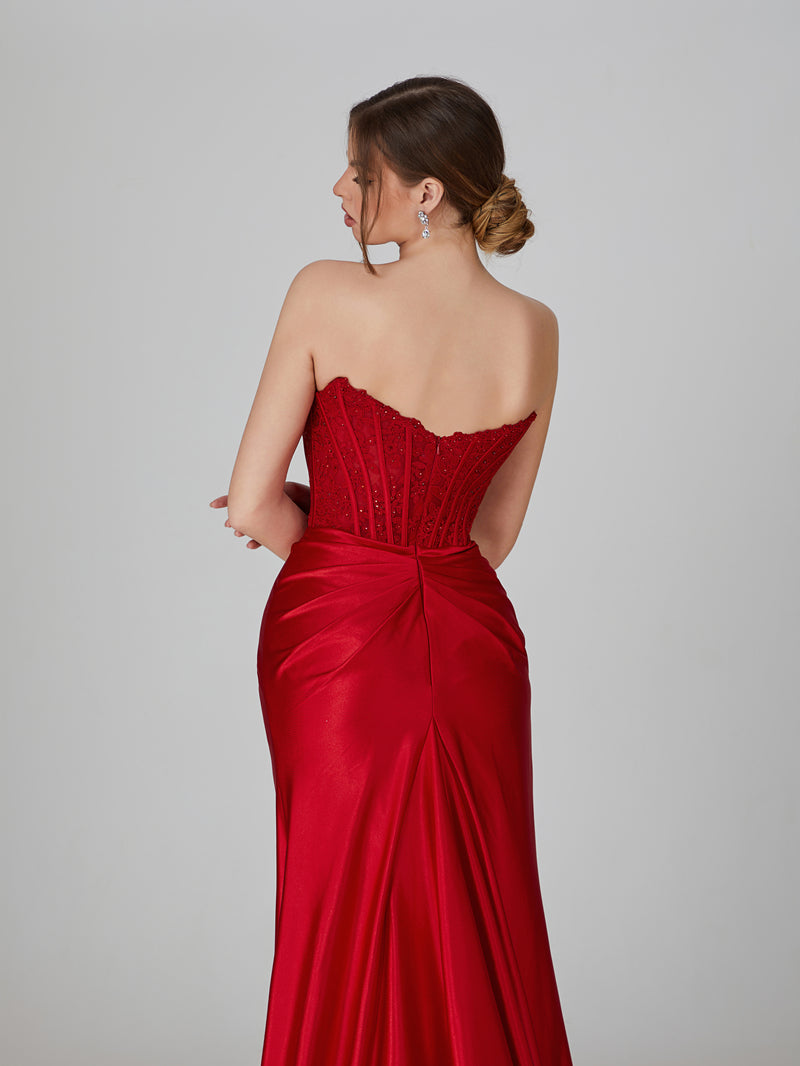 Wholesale Embroidered Corset Satin Prom Gown with High Slit 32758