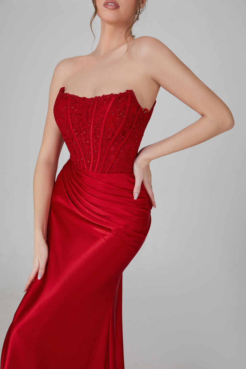 Wholesale Embroidered Corset Satin Prom Gown with High Slit 32758