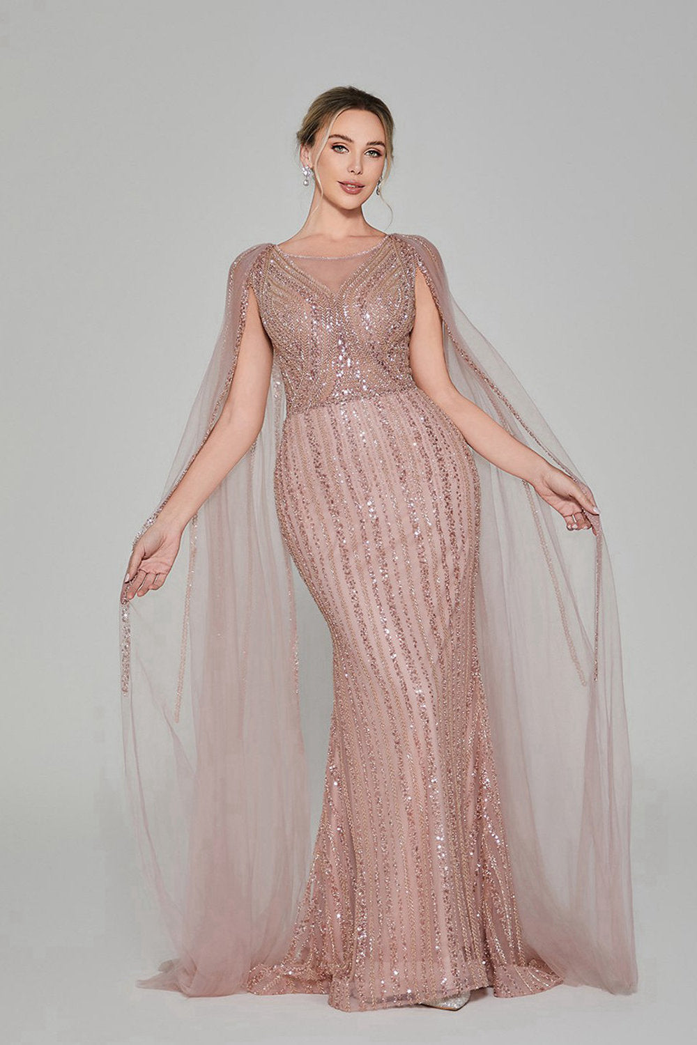 Supplier Sequin-Embroidered Tulle-Cape Mermaid Gown MK133