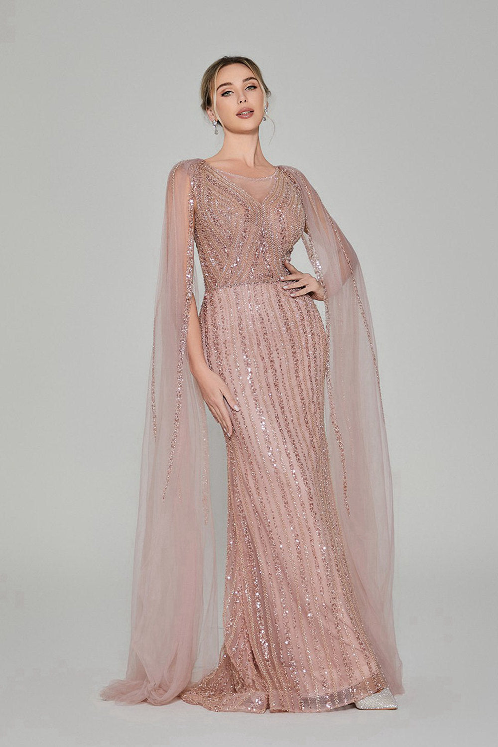Supplier Sequin-Embroidered Tulle-Cape Mermaid Gown MK133