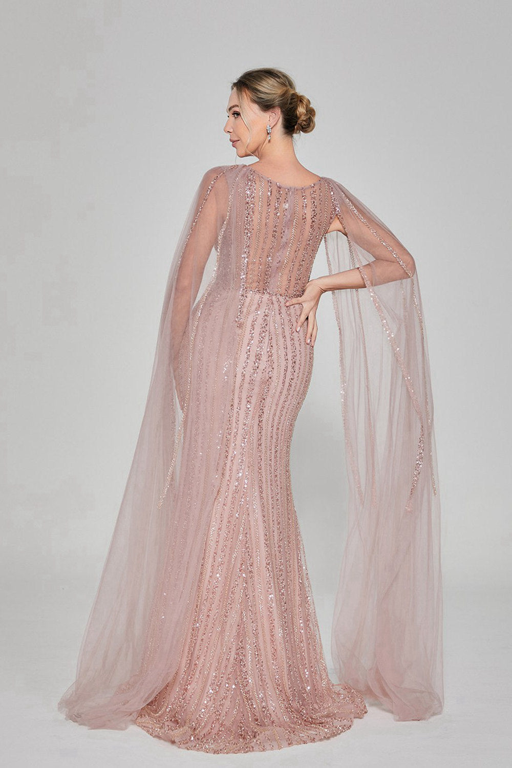 Supplier Sequin-Embroidered Tulle-Cape Mermaid Gown MK133