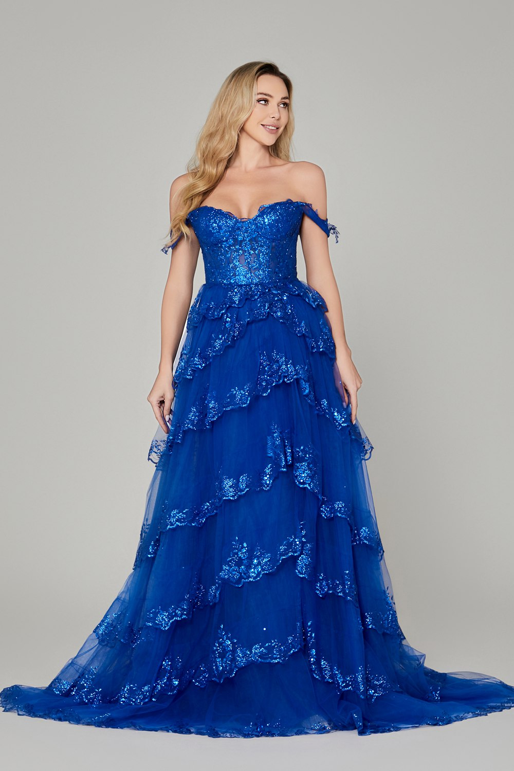 Supplier Off-Shoulder Sequin-Lace Tiered Tulle Gown D-101