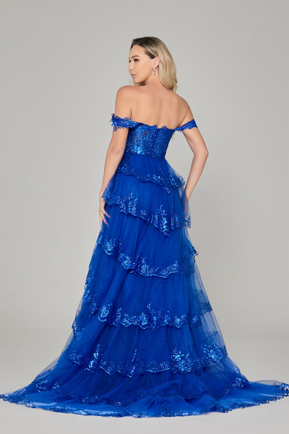 Supplier Off-Shoulder Sequin-Lace Tiered Tulle Gown D-101