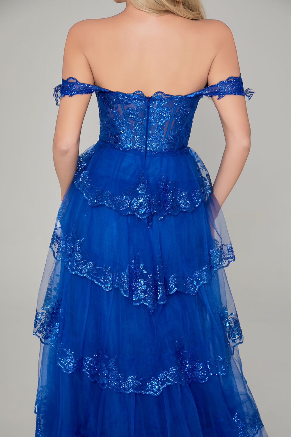 Supplier Off-Shoulder Sequin-Lace Tiered Tulle Gown D-101