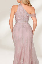 A woman with long, wavy blonde hair and a confident stance wears a light - pink, sequined one - shoulder gown. It has a sheer, flowing overlay, a form - fitting silhouette, and a high side slit. Paired with silver heels, the outfit radiates elegance, perfect for formal events like galas or evening receptions.6