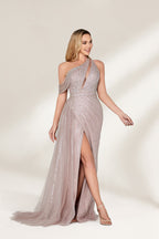 A woman with long, wavy blonde hair and a confident stance wears a light - pink, sequined one - shoulder gown. It has a sheer, flowing overlay, a form - fitting silhouette, and a high side slit. Paired with silver heels, the outfit radiates elegance, perfect for formal events like galas or evening receptions.5