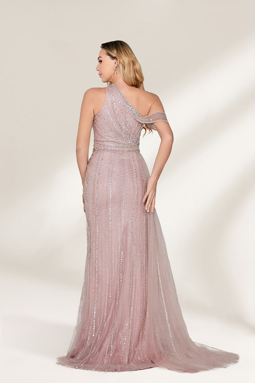A woman with long, wavy blonde hair and a confident stance wears a light - pink, sequined one - shoulder gown. It has a sheer, flowing overlay, a form - fitting silhouette, and a high side slit. Paired with silver heels, the outfit radiates elegance, perfect for formal events like galas or evening receptions.2