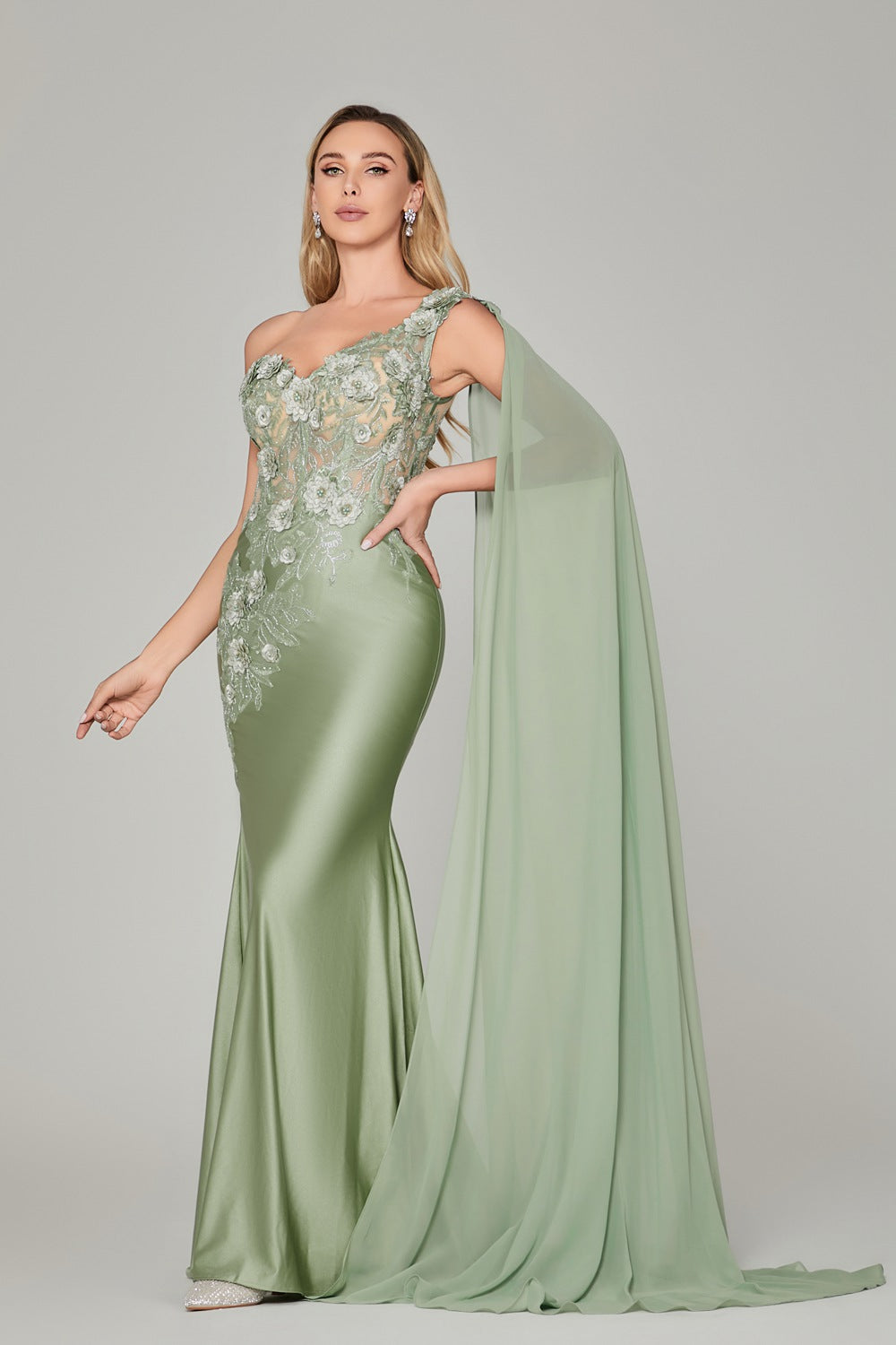 Enchanting Single-Shoulder Prom Dress with 3D Floral Accents 32890