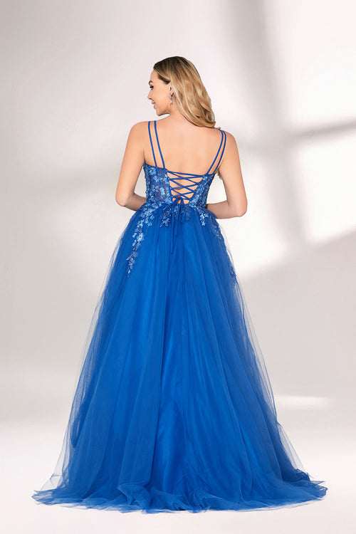 A woman stands against a light background, wearing a bright blue evening gown. It features thin spaghetti straps, a sweetheart neckline, and a bodice adorned with delicate floral lace embroidery. The voluminous tulle skirt flows elegantly, creating a romantic and glamorous look, perfect for formal events.2
