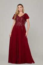 Wholesale Burgundy Beaded Flutter-Sleeve Mother-of-the-Bride Gown 3322