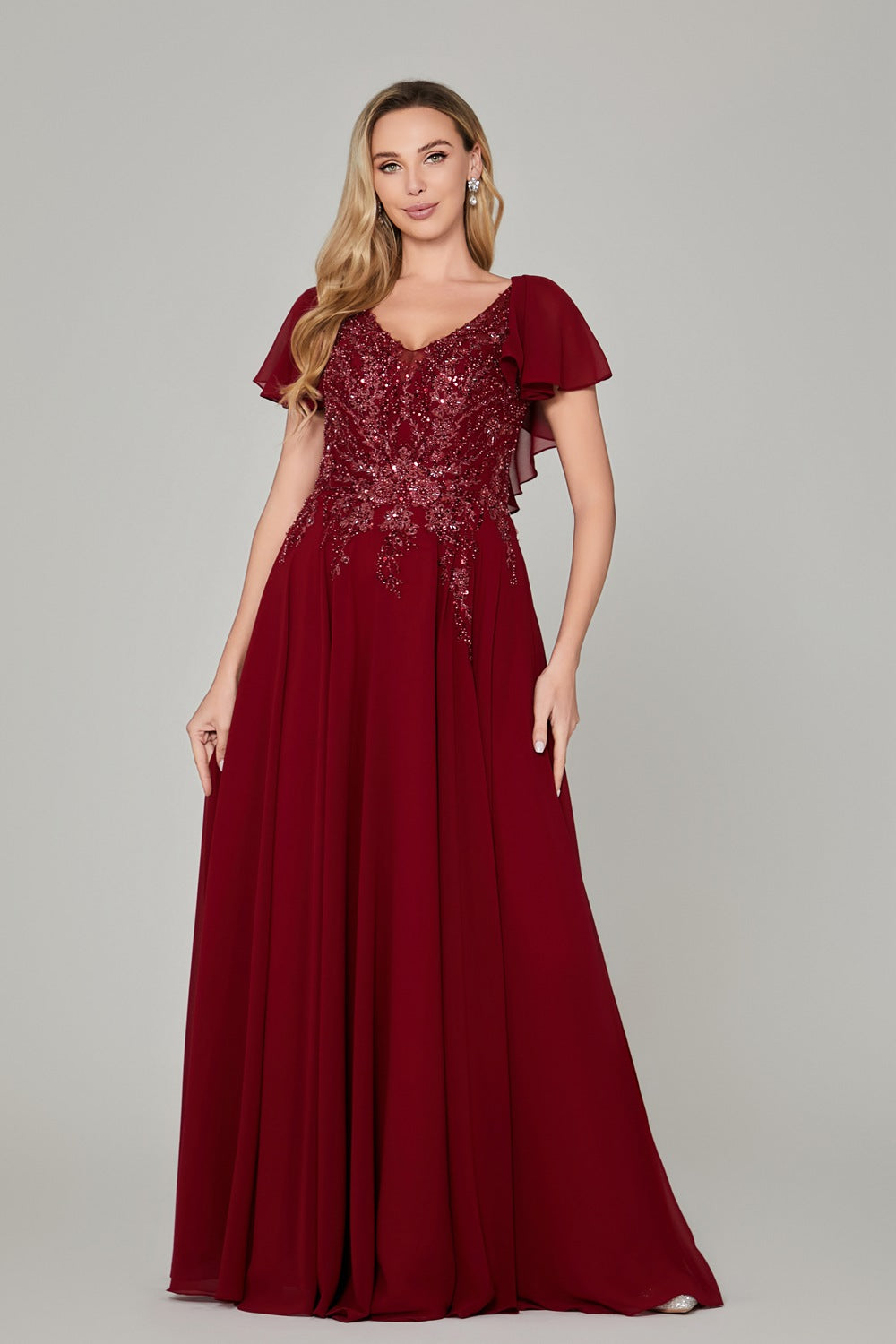 Wholesale Burgundy Beaded Flutter-Sleeve Mother-of-the-Bride Gown 3322