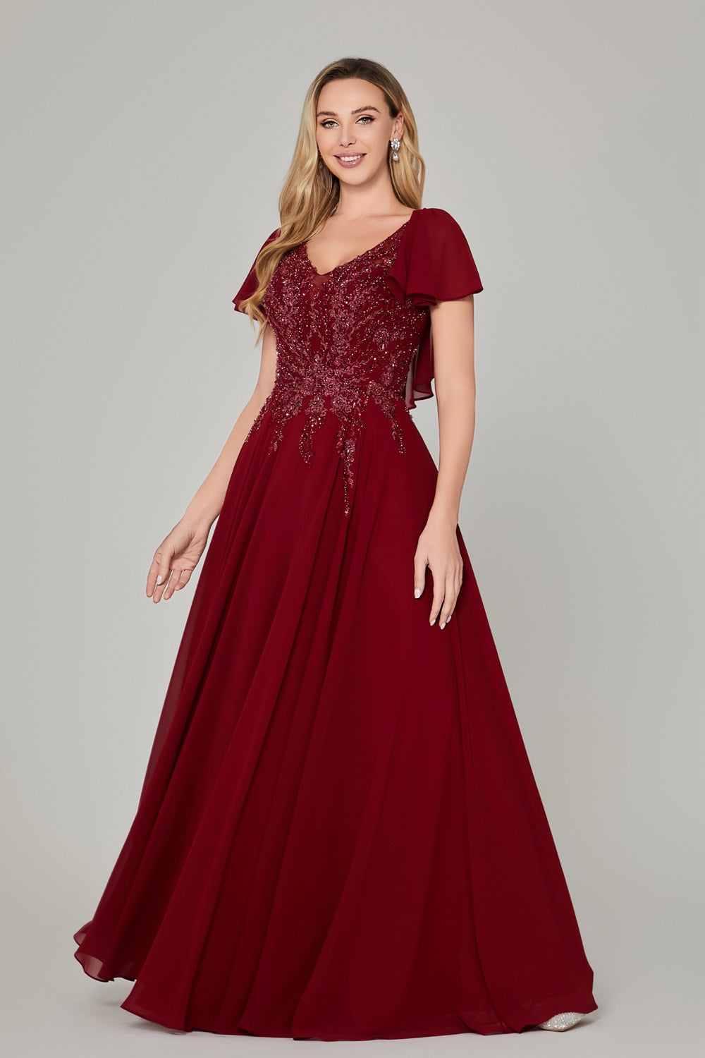 Wholesale Burgundy Beaded Flutter-Sleeve Mother-of-the-Bride Gown 3322