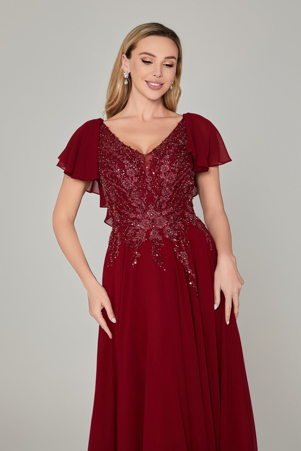 Wholesale Burgundy Beaded Flutter-Sleeve Mother-of-the-Bride Gown 3322