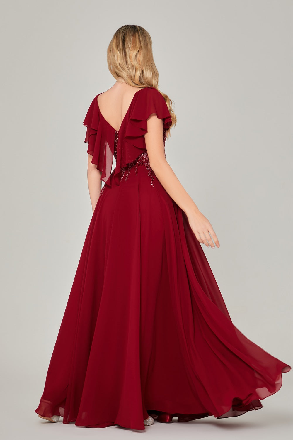 Wholesale Burgundy Beaded Flutter-Sleeve Mother-of-the-Bride Gown 3322