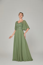 Wholesale Olive Green Lace - Embellished Flutter - Sleeve Prom Dress 32778