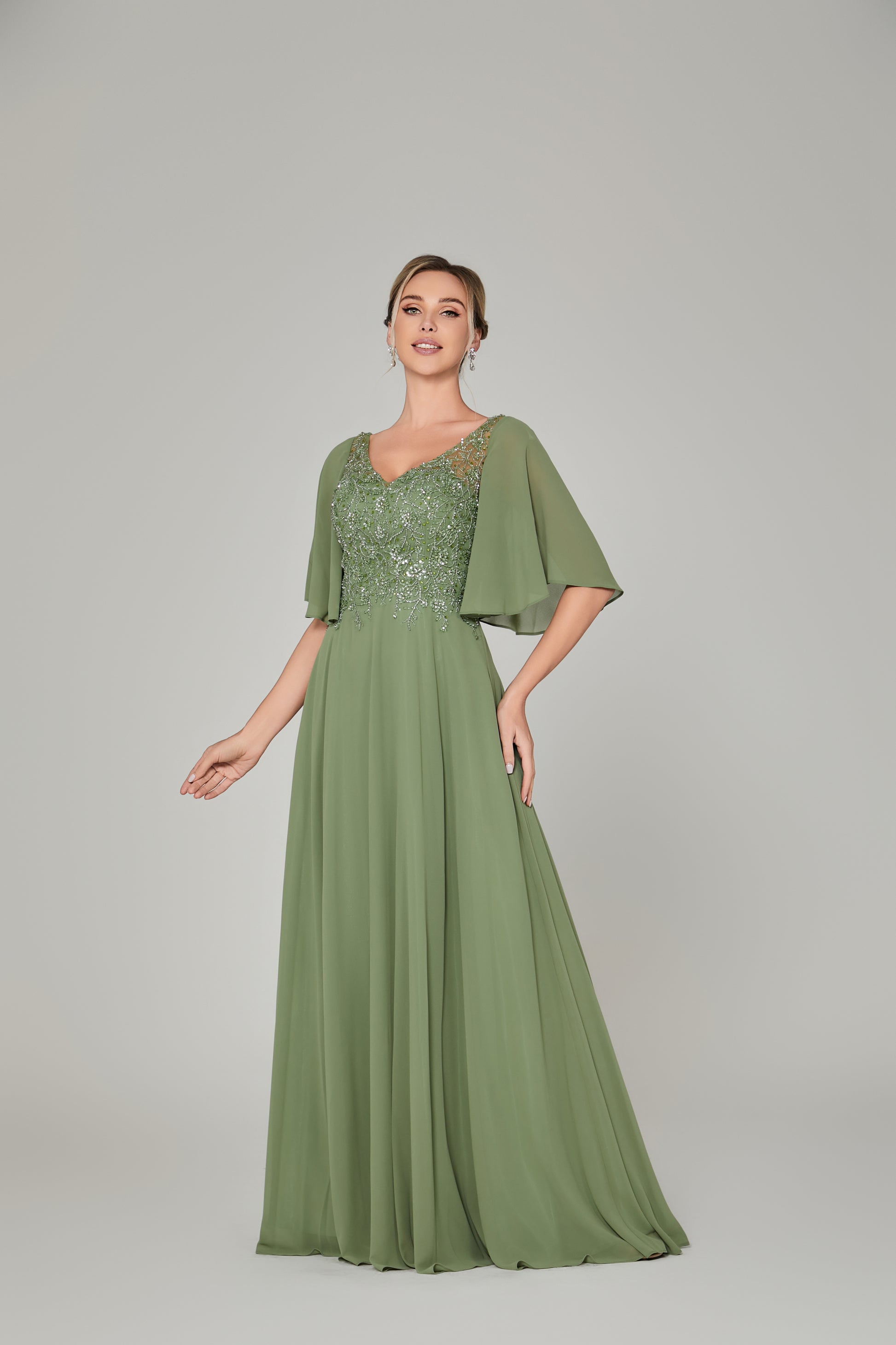 Wholesale Olive Green Lace - Embellished Flutter - Sleeve Prom Dress 32778