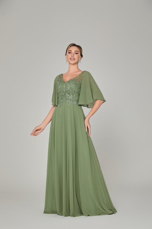 Front view of a charming sage green A-line mother of the bride dress featuring a V-neck beaded tulle bodice, elegant flowing ruffle sleeves, and a long floor-length chiffon skirt, suitable for weddings and formal evening galas and available for bulk sourcing or wholesale purchase.