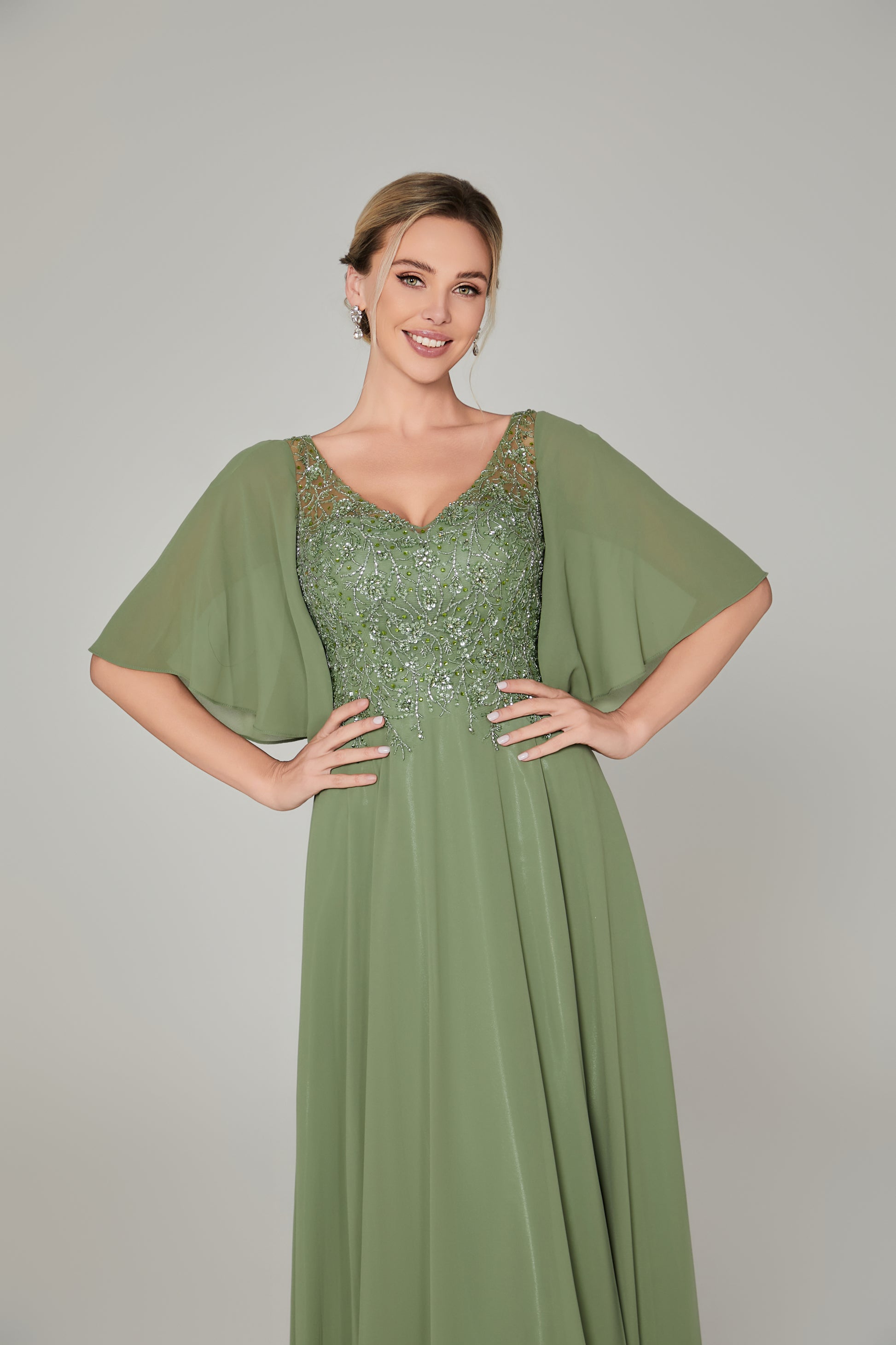 Wholesale Olive Green Lace - Embellished Flutter - Sleeve Prom Dress 32778