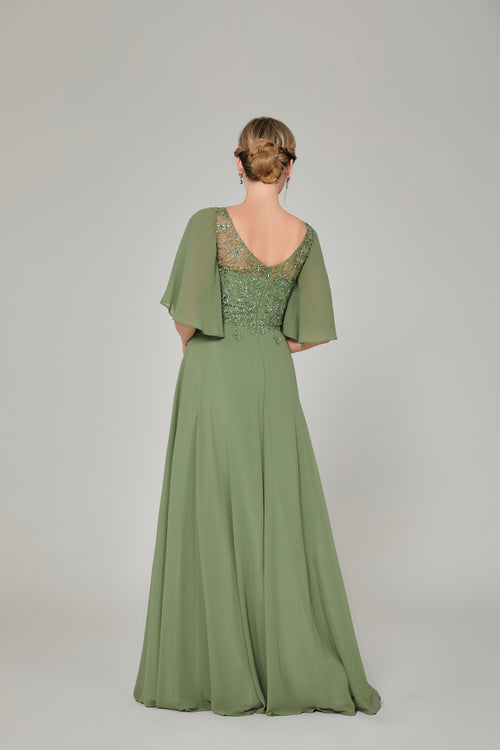 Front view of a charming sage green A-line mother of the bride dress featuring a V-neck beaded tulle bodice, elegant flowing ruffle sleeves, and a long floor-length chiffon skirt, suitable for weddings and formal evening galas and available for bulk sourcing or wholesale purchase.