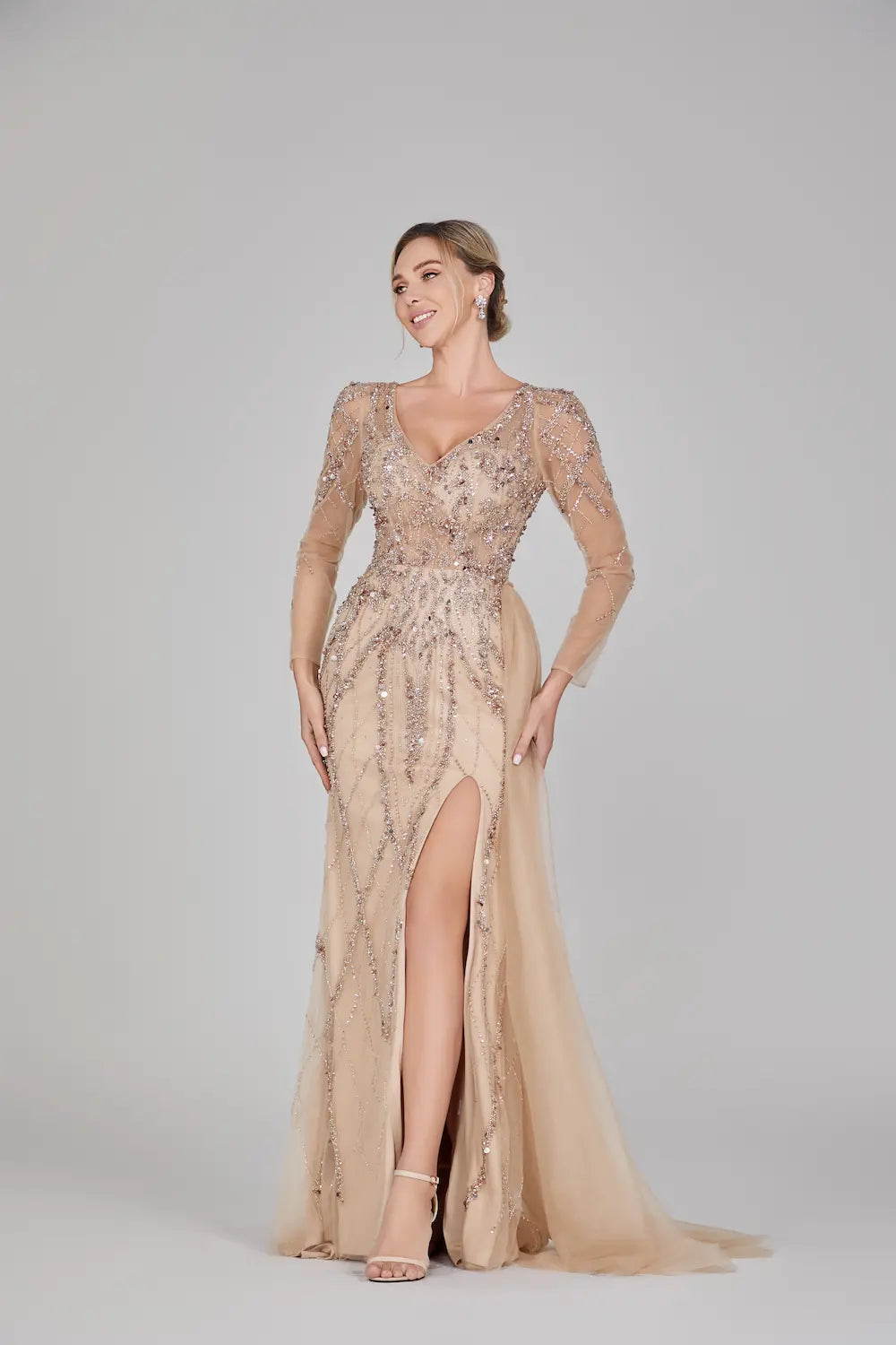 Champagne beaded tulle long dress with sheer long sleeves and thigh-high slit