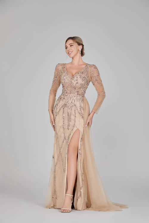 Champagne beaded tulle long dress with sheer long sleeves and thigh-high slit