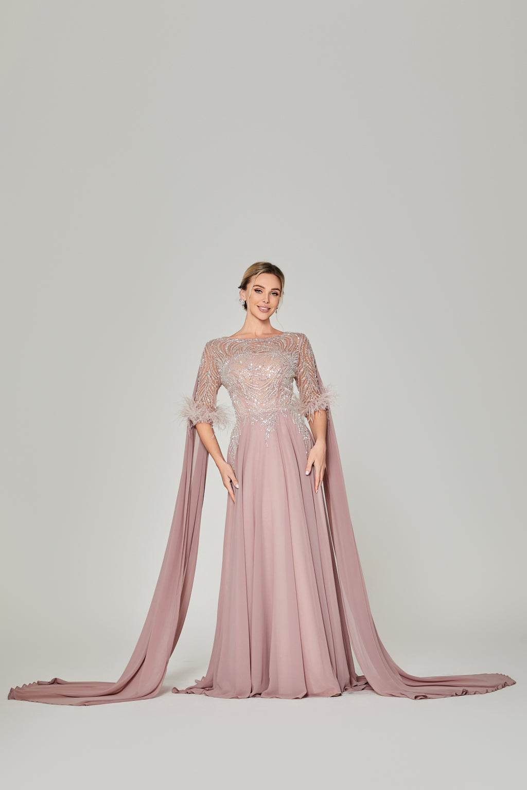 Wholesale Blush Feather-Sleeve Beaded Mother-of-the-Bride Gown ks035