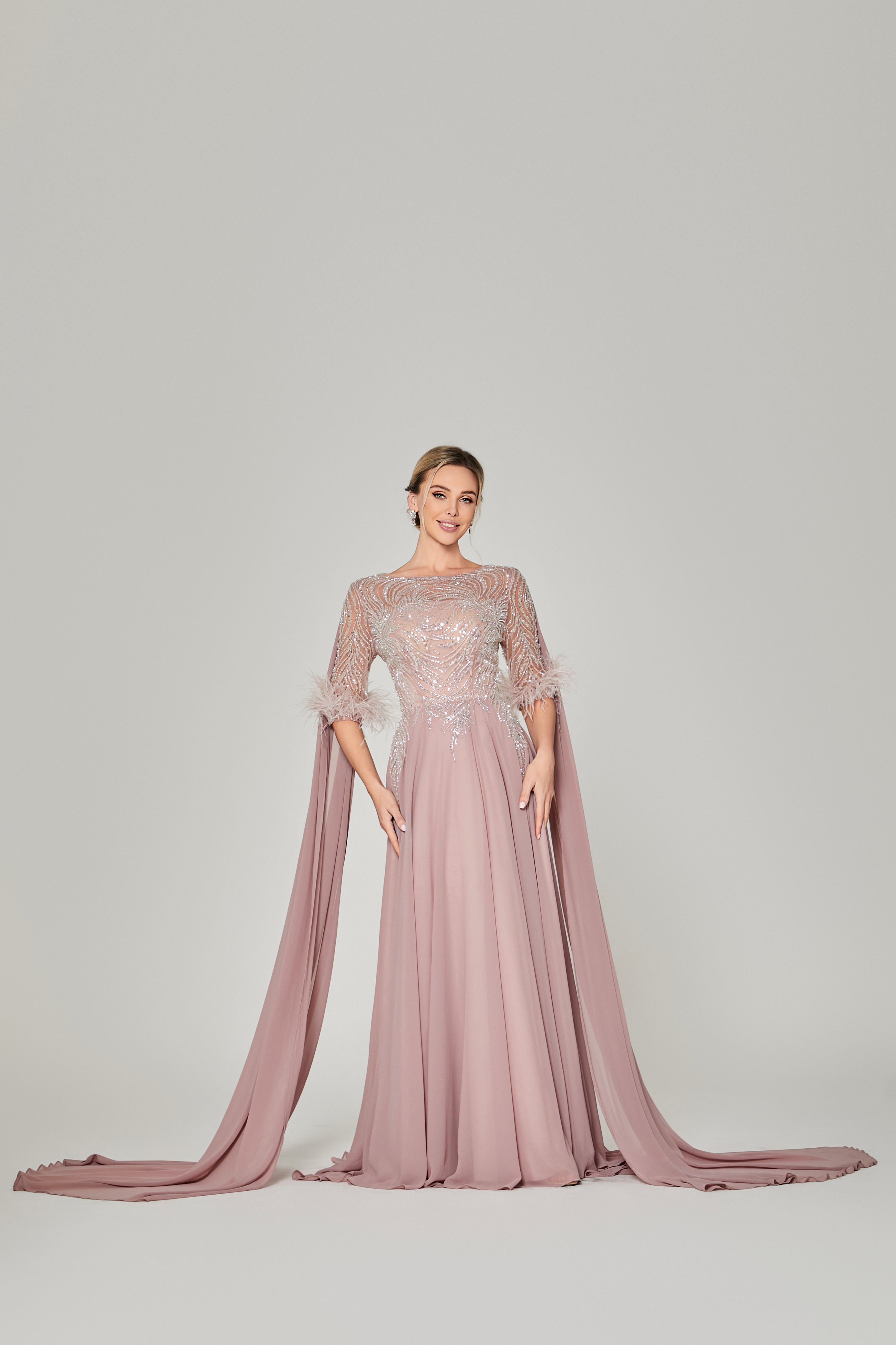 Wholesale Blush Feather-Sleeve Beaded Mother-of-the-Bride Gown ks035