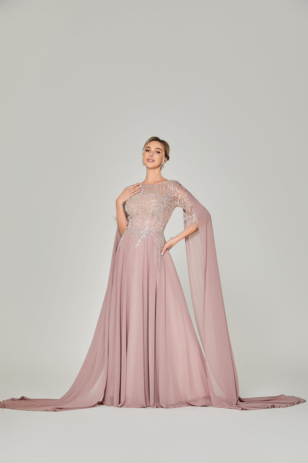 Wholesale Blush Feather-Sleeve Beaded Mother-of-the-Bride Gown ks035