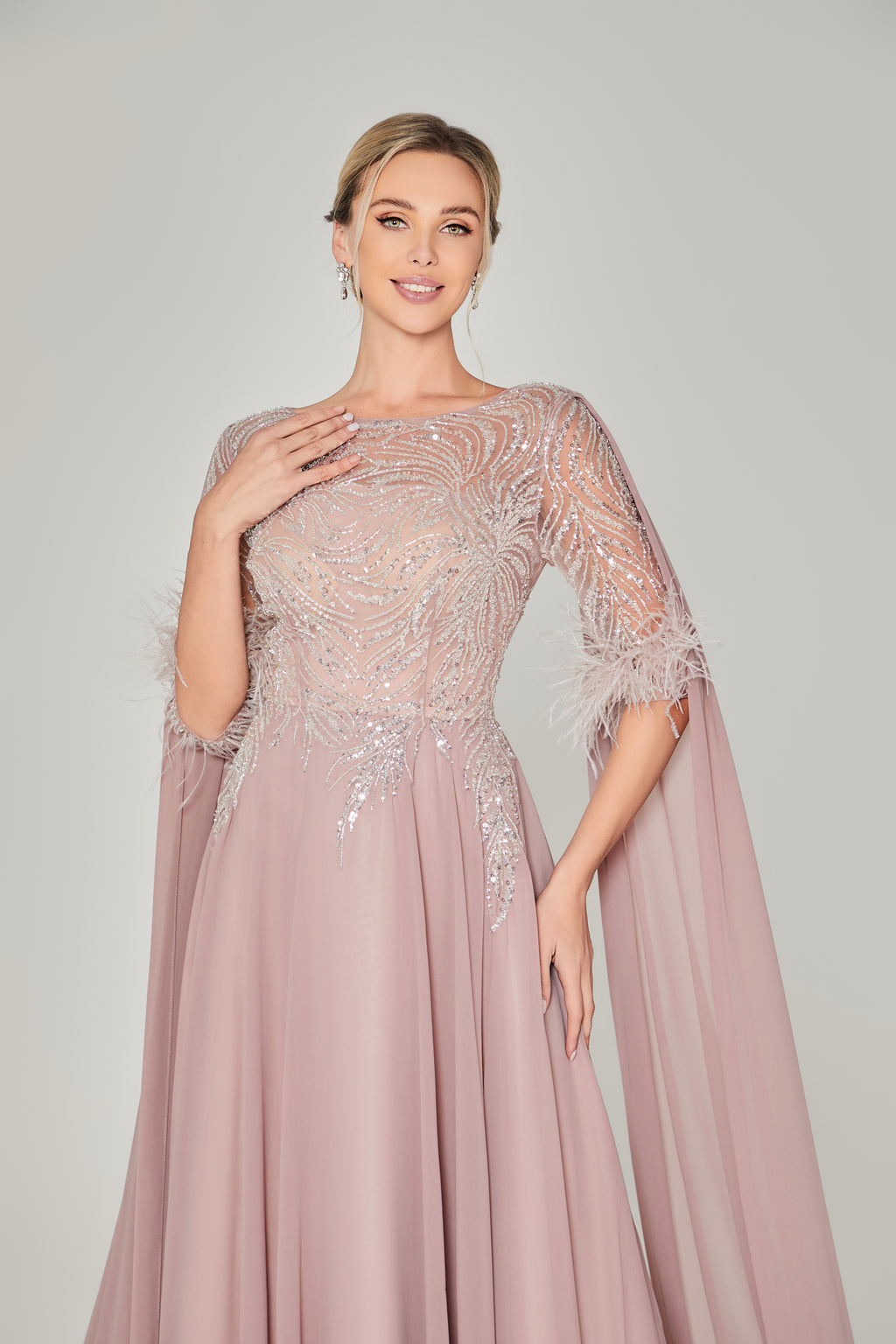 Wholesale Blush Feather-Sleeve Beaded Mother-of-the-Bride Gown ks035
